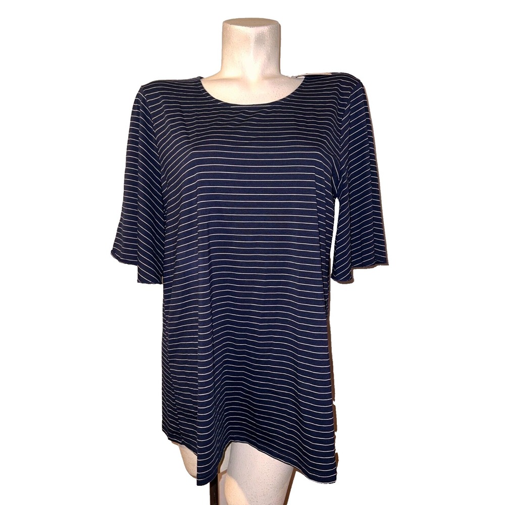 Weekend Suzanne Betro Navy Blue Striped Bell‎ Sleeve Bow Back Top XL NEW